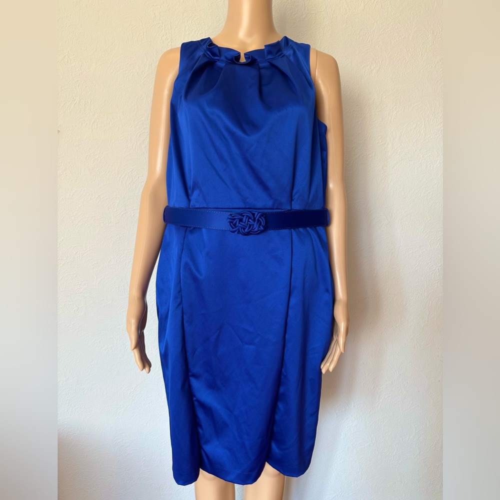 Jones Wear Sleeveless Royal Blue Satin Dress w/ Belt 12 NWOT